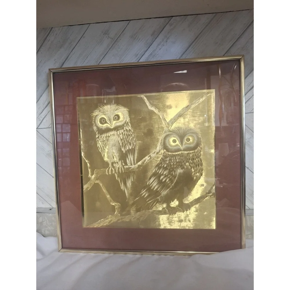 Vintage Manifestations Optical Illusionary Art Gold Foil Owl Framed VTG 1976